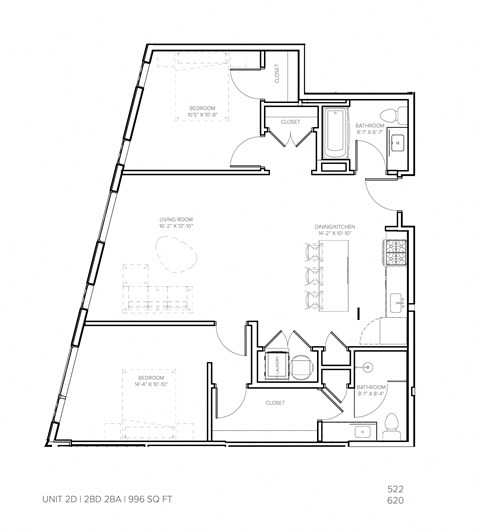 Floor plan for 2 beds, 2 baths, 996 sqft